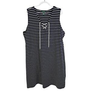 Lauren Ralph Lauren Navy White Dress Striped Sleeveless Lace-Up Nautical 3X